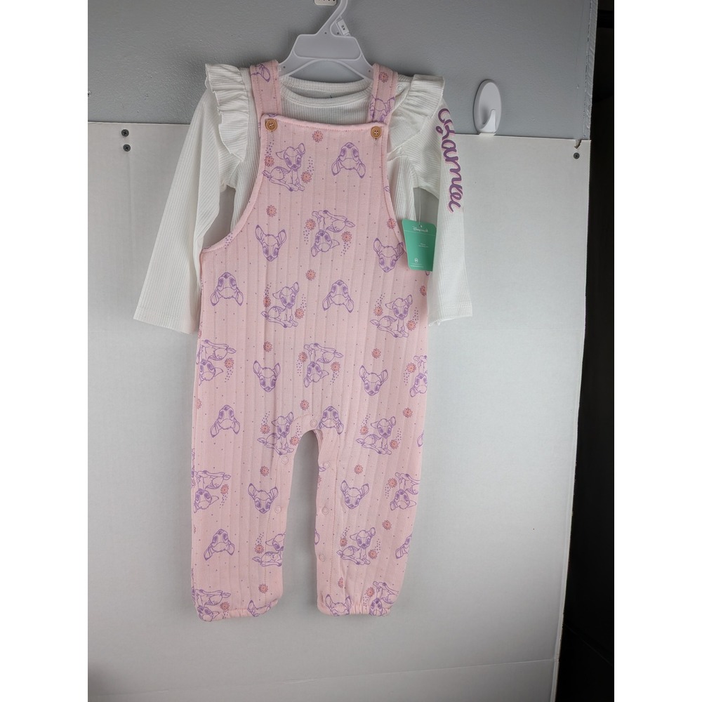 Disney Bambi Baby Girl Pink Ribbed Overalls & Long Sleeve Shirt Set